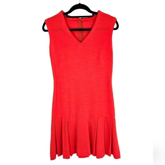 Vintage '60s Pleated Drop Waist Coral Sleeveless V-Neck Wool? Dress with Scarf 6 - Picture 2 of 15